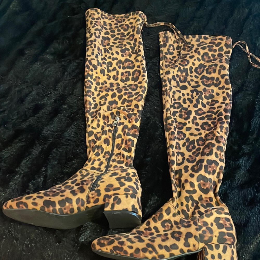 Thigh high leopard animal print low heel boots